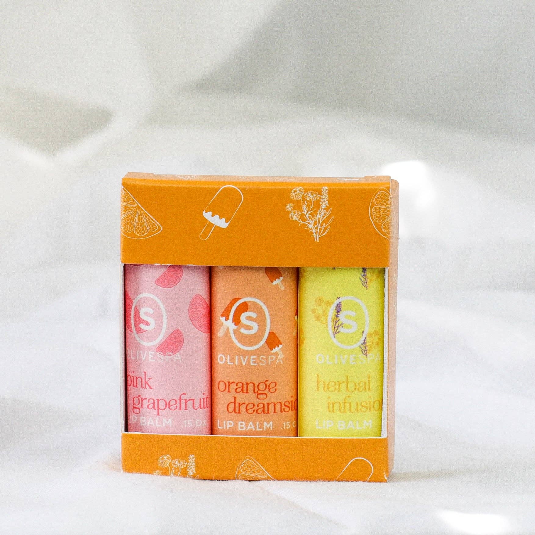 OLIVESPA - Sydney Lip Balm Trio (Pink Grapefruit, Herbal (Chamomile) Infusion, Orange Dreamsicle)